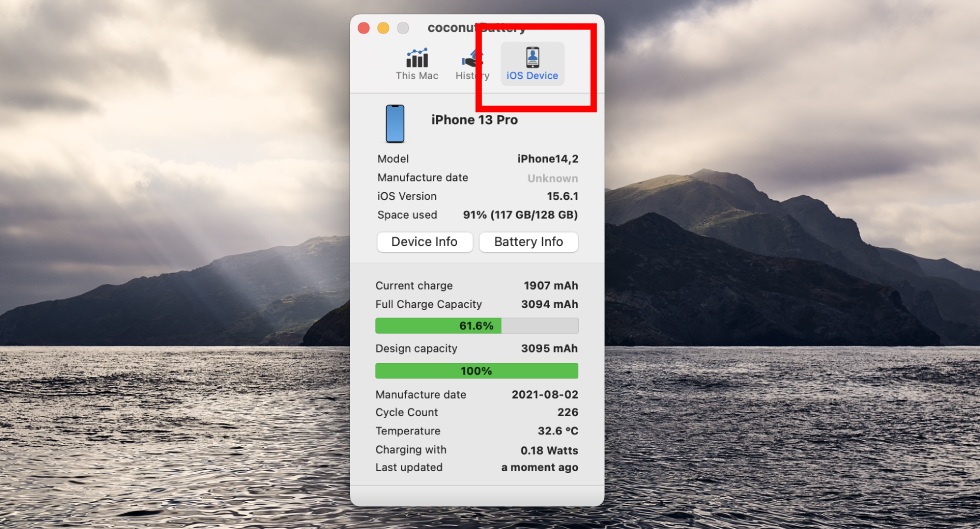 View battery load cycle of iPhone using coconutBattery for Mac