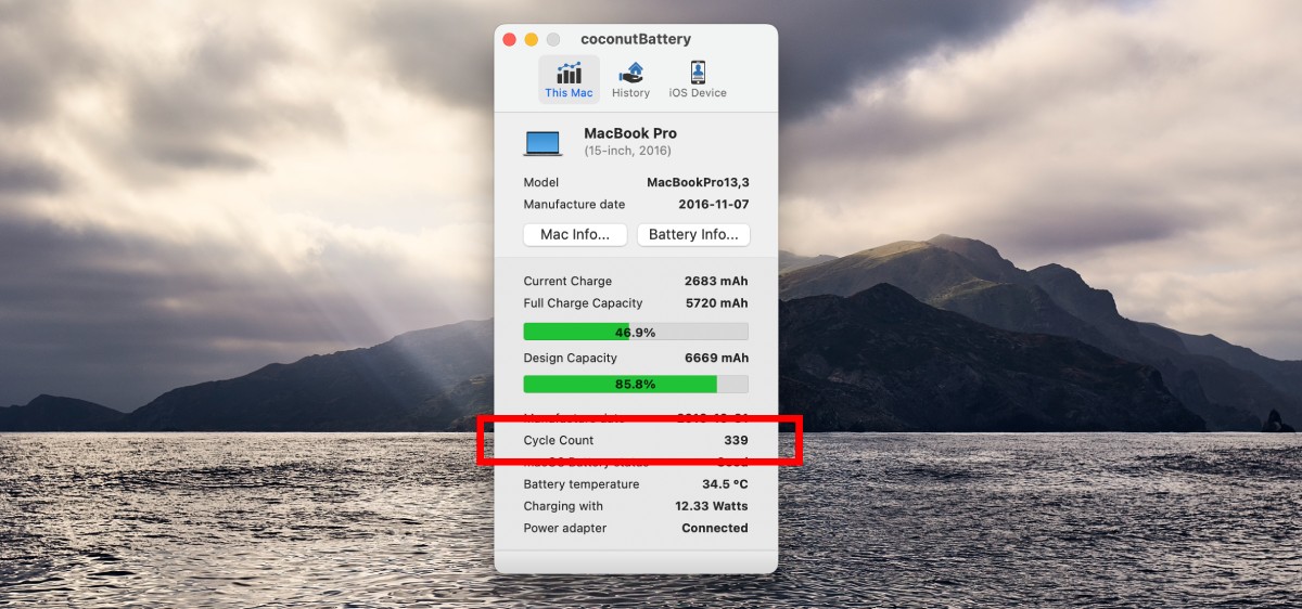Mac battery load cycles inside of coconutBattery app.