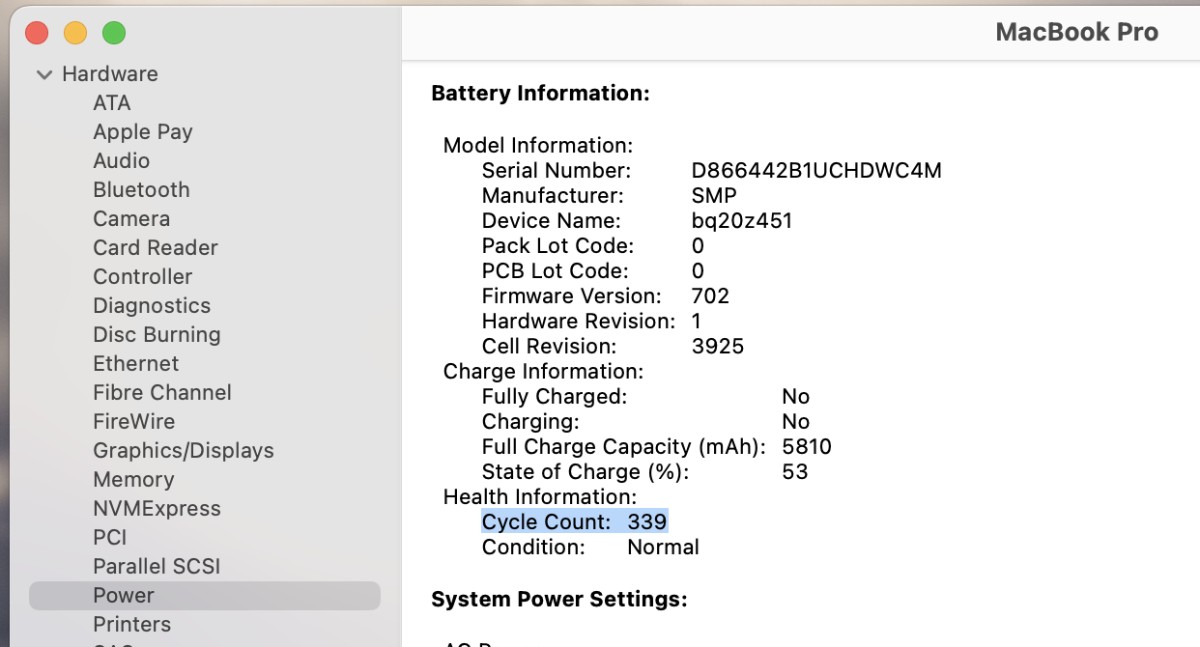 View battery cycles in the macOS system report
